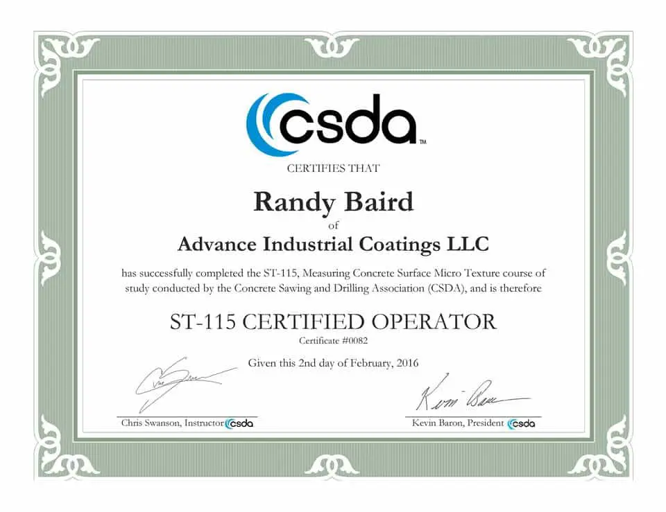 ST-115 Certificate Advance Industrial Coatings